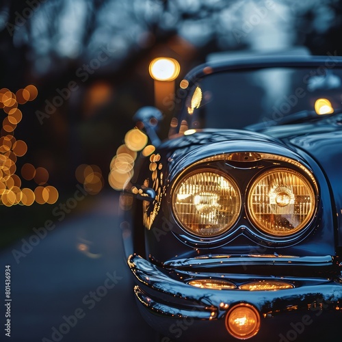 A vintage car with its headlights on is the main focus of the image. The car is parked on a street, and the lights are shining brightly, creating a warm and inviting atmosphere