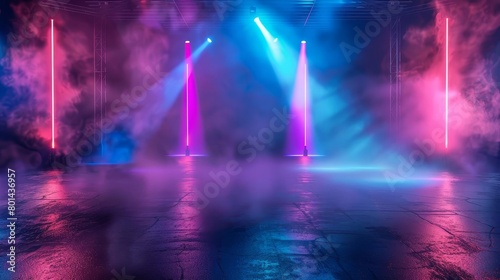 empty stage with colorful lighting laser beams and smoke in dark studio 3d illustration © Bijac