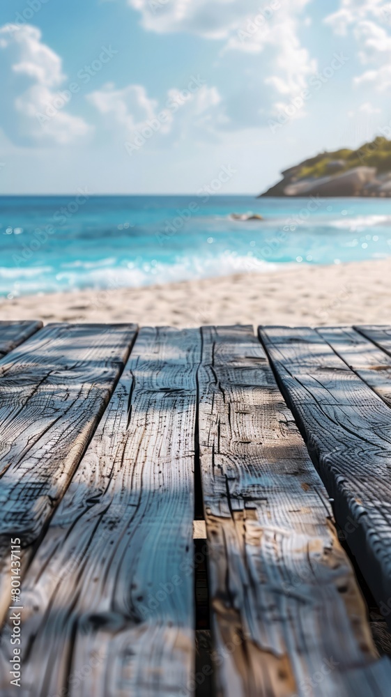 Fototapeta premium A wooden table is on a beach with the ocean in the background