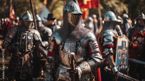 Reenactors dressed in medieval armor during a historical battle reenactment