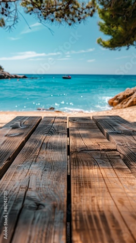 A wooden table is on the beach with the ocean in the background. The table is empty and the sky is blue