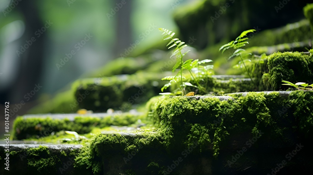 Moss-covered steps winding through a lush forest