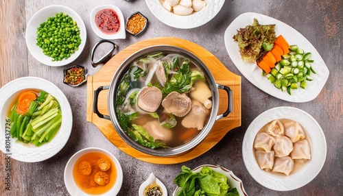 chinese hotpot with broth meat vegetables in bowls top view traditional food national dish asian cuisine china greens plates delicious