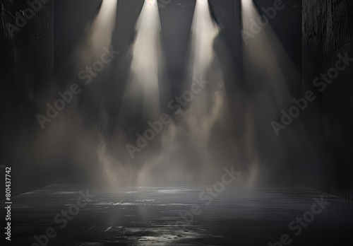 A dramatic stage with spotlights, creating an atmosphere of mystery and intrigue. 