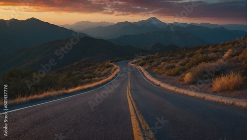 A road passes through the mountains at sunset