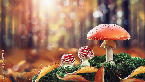 red fly agaric mushrooms in autumn forest fantasy forest nature background photo