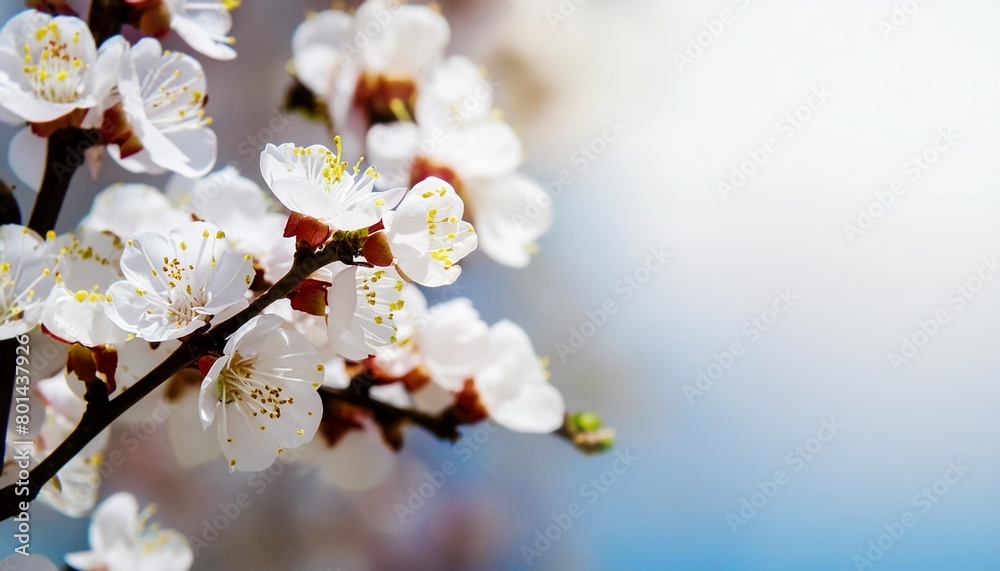 beautiful floral spring abstract background of nature branches of blossoming apricot macro with soft focus on gentle light blue sky background for easter and spring greeting cards with copy space