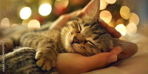 A tabby kitten enjoys a serene nap, cuddled safely in the warmth of a gentle human touch.