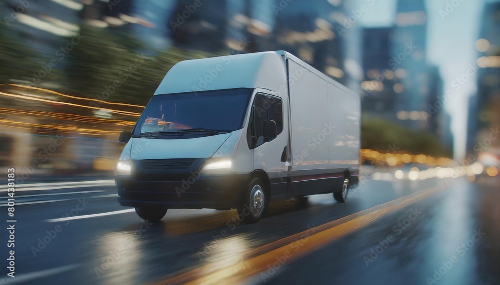 Delivery van in motion. Delivery car in its way. Cargo van driving. Blurred city streets in background Delivery van in motion. Delivery car in its way. Cargo van driving. Blurred city streets in background