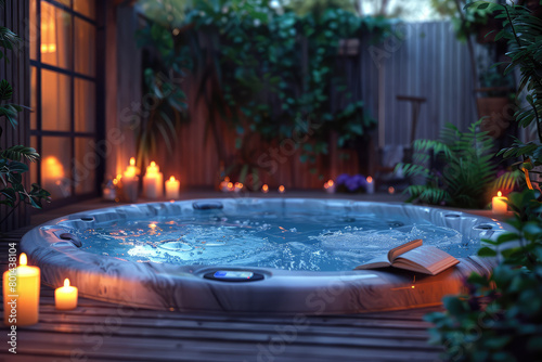  A luxurious outdoor hot tub surrounded by lush greenery, with gentle water splashes and soft candlelight creating an atmosphere for relaxation and natural healing. Created with Ai