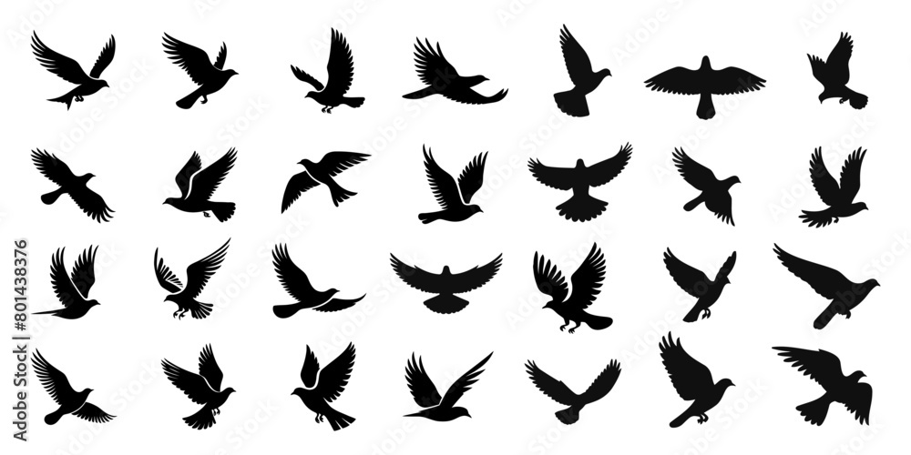 Set of silhouettes of flying birds in a flat style on a white background. Vector illustration Set of silhouettes of flying birds in a flat style on a white background. Vector illustration