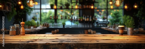 In the softly blurred interior of a modern cafe  a wooden table sets an abstract scene.