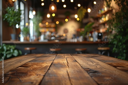 An empty wooden table in a modern cafe, with blurred bokeh lights creating a cozy atmosphere.