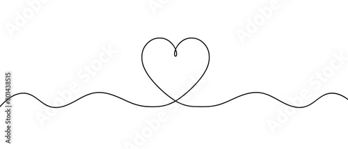 Heart continuous one line drawing, Black and white vector minimalist illustration of love concept made of one line