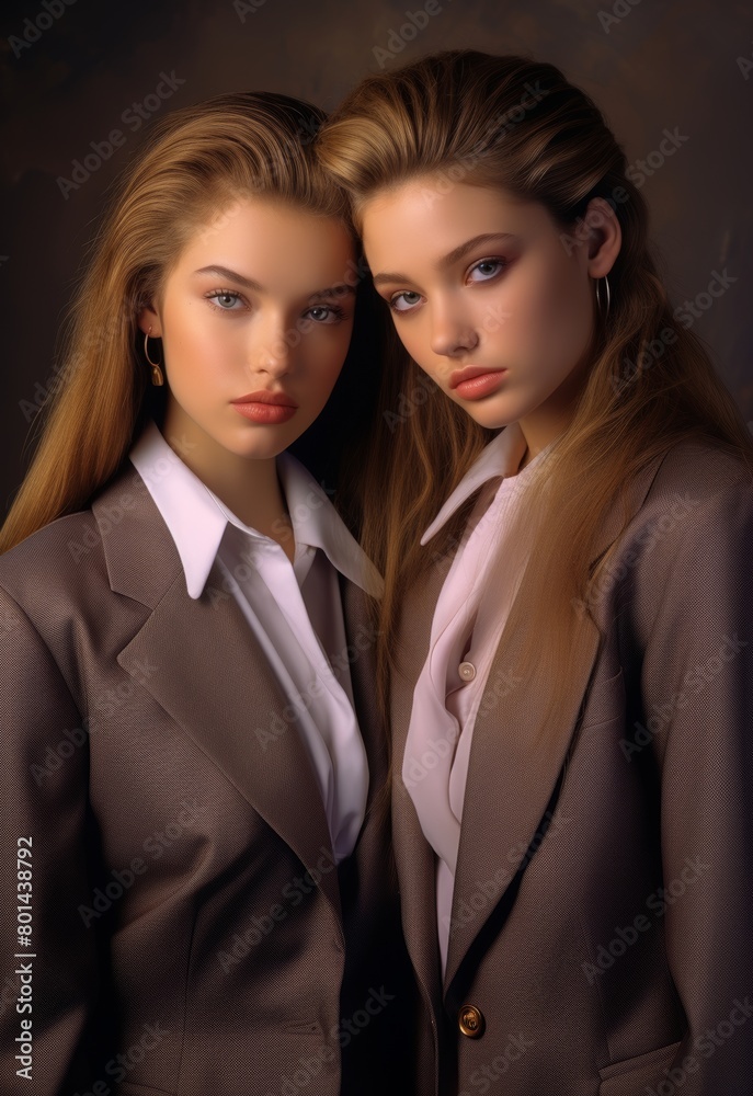 Young Girl Couple in Suit. Professional Women face Portrait in Modern Business Attire. Beautiful Female Person Digital Generated Illustration