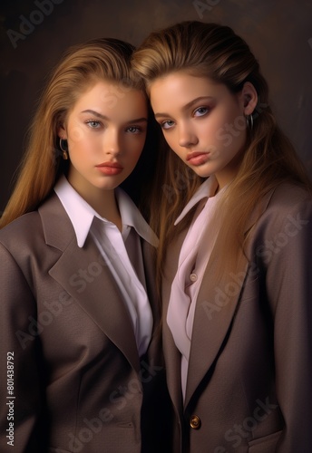 Young Girl Couple in Suit. Professional Women face Portrait in Modern Business Attire. Beautiful Female Person Digital Generated Illustration