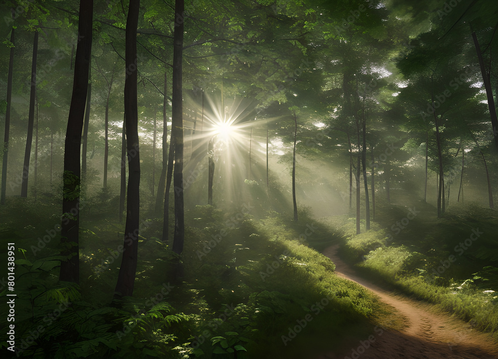 Obraz premium Forest beautiful atmospheric landscape, green forest, with lush greenery, generative ai