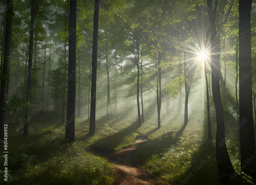 Obraz premium Forest beautiful atmospheric landscape, green forest, with lush greenery, generative ai