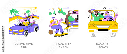 Summer road trip isolated cartoon vector illustrations.