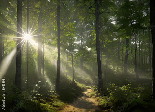 Forest beautiful atmospheric landscape  green forest  with lush greenery  generative ai