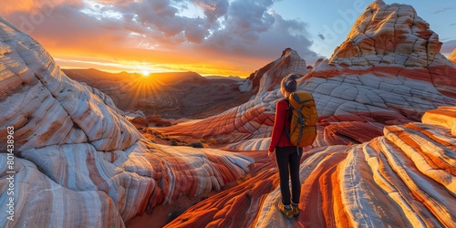 Female hiker in a colorful sandstone mountain landscape at sunset