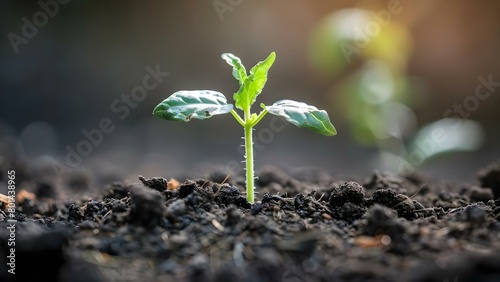 A young plant emerging from soil symbolizing growth and sustainability . Concept Nature, Growth, Sustainability, Environment, Symbolism