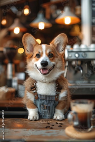 A dog is sitting on a counter in a coffee shop