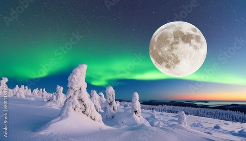 moon and northern lights above pallas fells with fresh snow at winter night in pallas yllastunturi national park in muonio finland