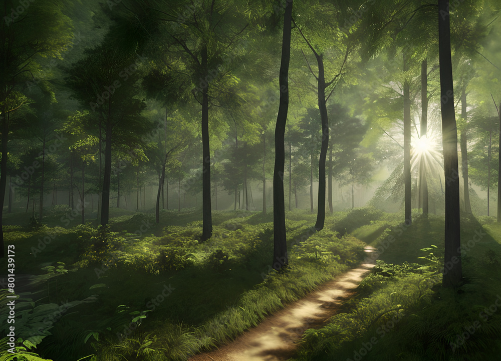 Obraz premium Forest beautiful atmospheric landscape, green forest, with lush greenery, generative ai