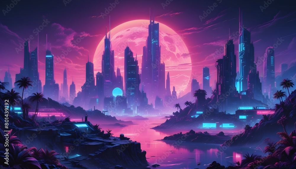 Purple city skyline against full moon at night.