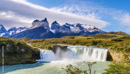 stunning scenery of the raging paine river waterfalls with majestic torres del paine in the background in torres del paine national park in the patagonia region of chile photo