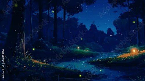 A forest at night, with fireflies lighting up the darkness and owls hooting in the distance, Lofi animation photo