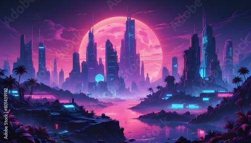 Purple city skyline against full moon at night.