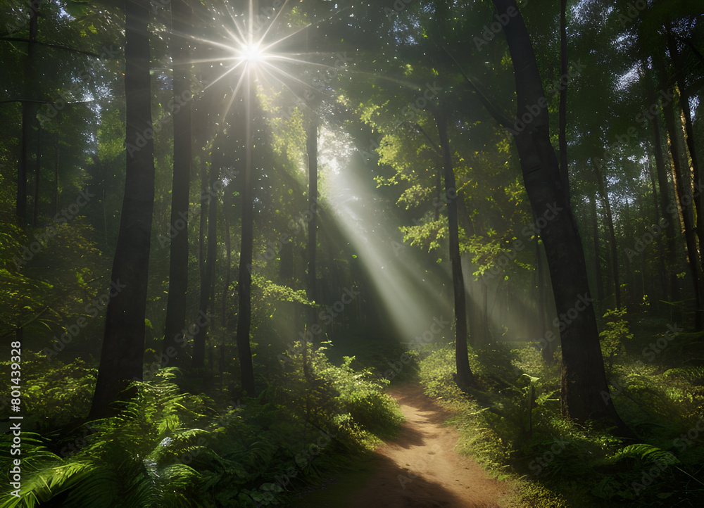 Forest beautiful atmospheric landscape, green forest, with lush greenery, generative ai