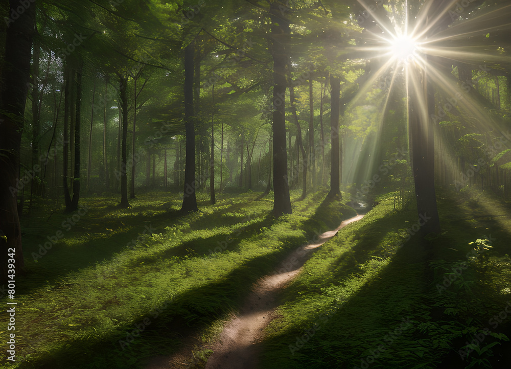 Obraz premium Forest beautiful atmospheric landscape, green forest, with lush greenery, generative ai
