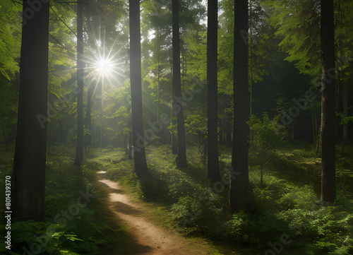 Forest beautiful atmospheric landscape  green forest  with lush greenery  generative ai