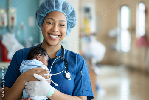 Happy nurse midwife holds newborn baby in arms at hospital. International Nurses Day concept.