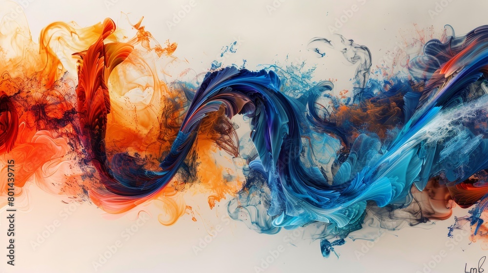 A painting of a wave with blue, orange and red colors