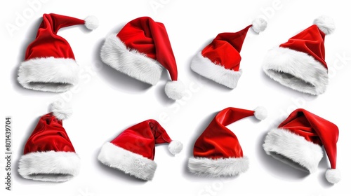 festive collection of realistic santa claus hats isolated on white christmas decoration