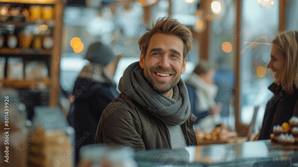 A man with a scarf on his neck is smiling at the camera