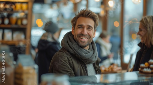 A man with a scarf on his neck is smiling at the camera