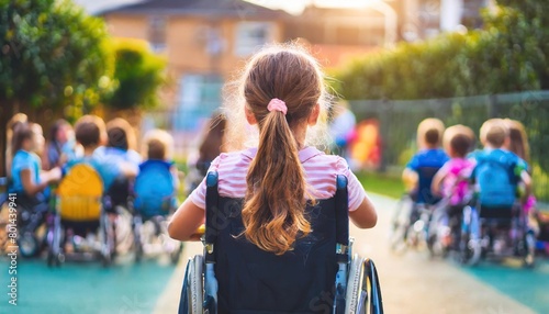  back view young girl in a wheelchair looking longingly at children playing in the schoolyard photo