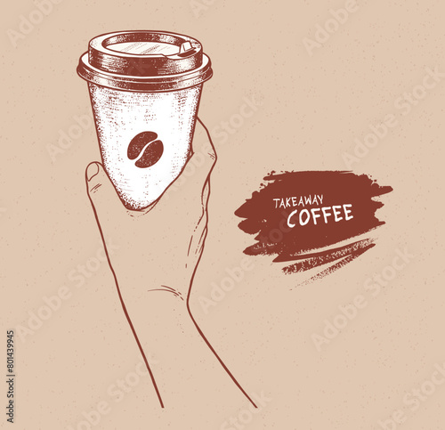 Vector hand drawn vintage sketchy side view illustration of hand holding disposable paper coffee takeaway cup with paint brush background banner © Sonya illustration