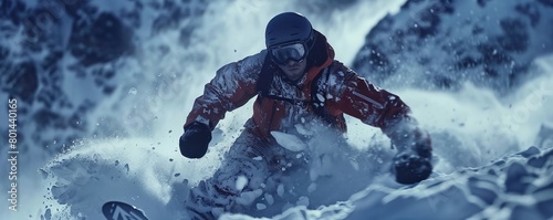 A male snowboarder blasts a heel side turn while snowboarding