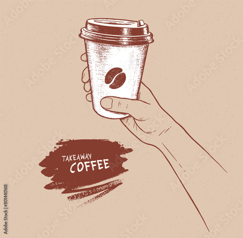 Vector hand drawn vintage sketchy side view illustration of hand holding disposable paper coffee takeaway cup with paint brush background banner © Sonya illustration