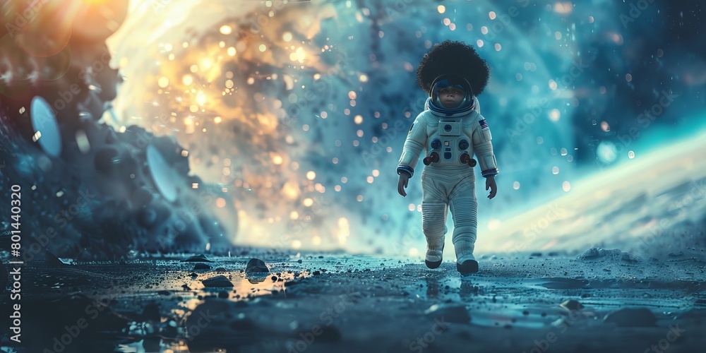 ethnic African American baby astronaut with afro hairstyle wearing Extravehicular Mobility Unit and helmet walking in outer space against spaceship