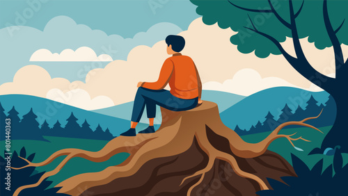 An individual sits on a gnarled old tree root gazing out at the sprawling forest around them their mind clearing as they disconnect from the hustle. photo
