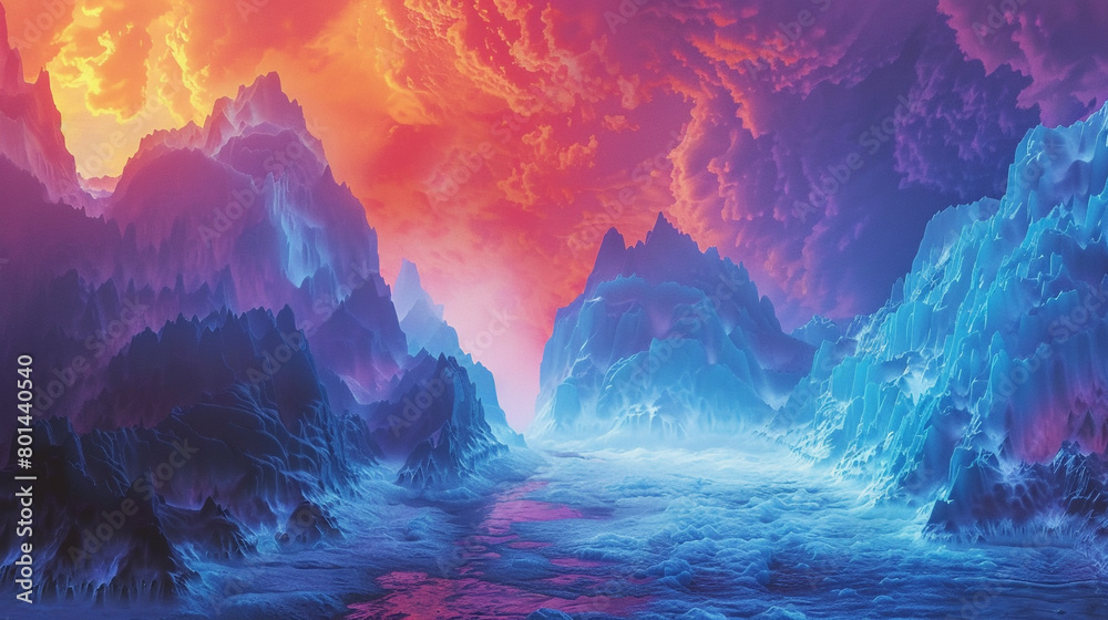 Envision a dynamic gradient background shifting from fiery lava reds to icy glacier blues, creating a mesmerizing contrast.