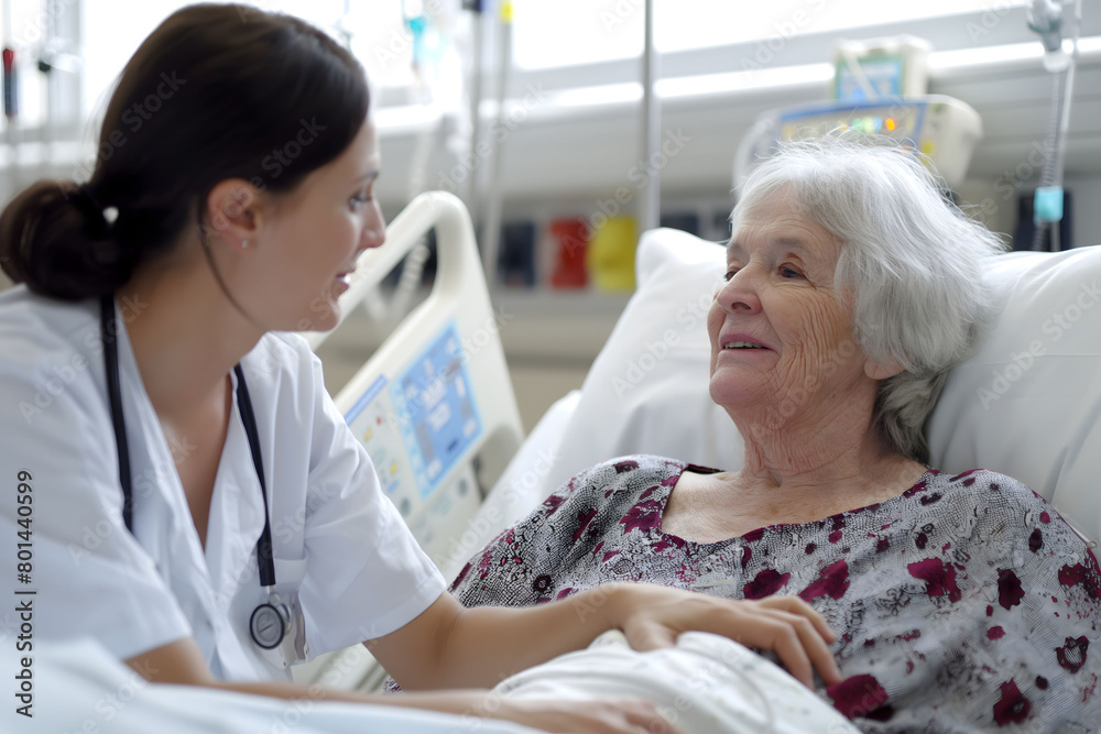 Fototapeta premium Nurse take care of old senior sick woman patient at hospital room. International Nurses Day concept.