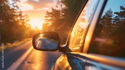 Reflection of the Sun in a Car's Rearview Mirror on the Side of the Road While Traveling. Concept Travel, Sunlight, Reflection, Car, Road, © Anastasiia